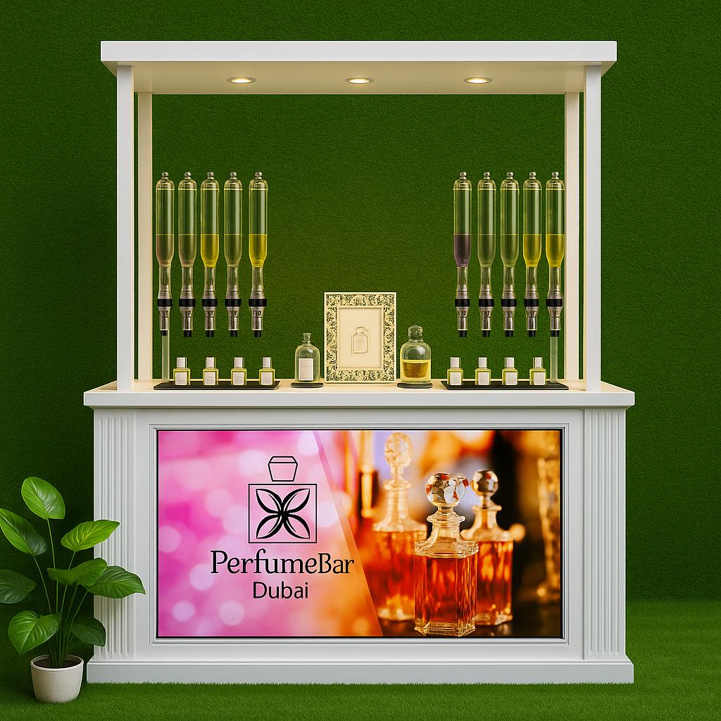 Perfume Booth setup in Dubai featuring a branded fragrance bar with colorful dispensers, interactive screen, and artificial grass backdrop for events and exhibitions